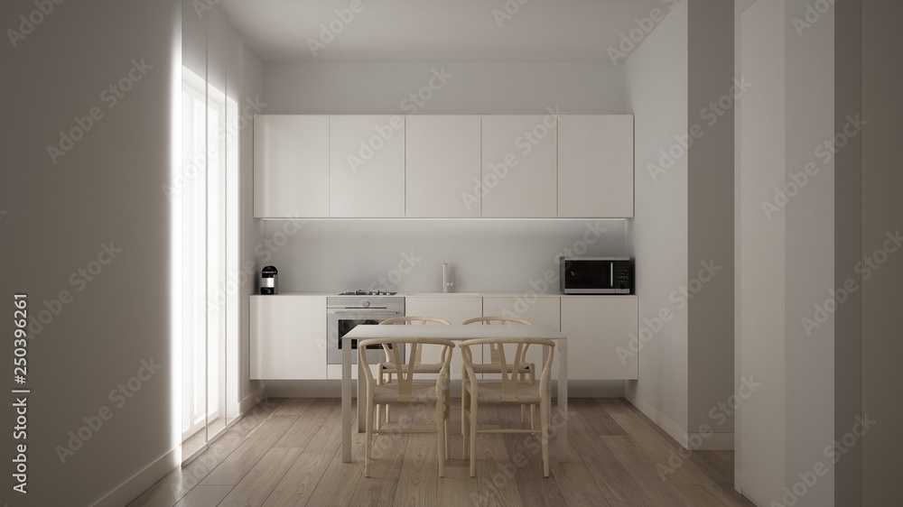 Fototapeta premium Minimalist white small kitchen design in one bedroom apartment with parquet floor and window with dining table, clean interior design, modern contemporary architecture concept idea
