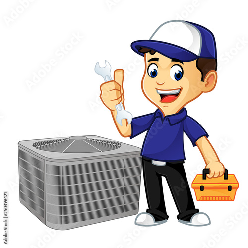 Hvac Cleaner or technician hold wrench and toolbox