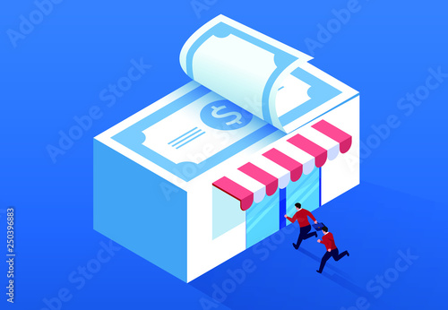 Businessmen running inside the banknote store