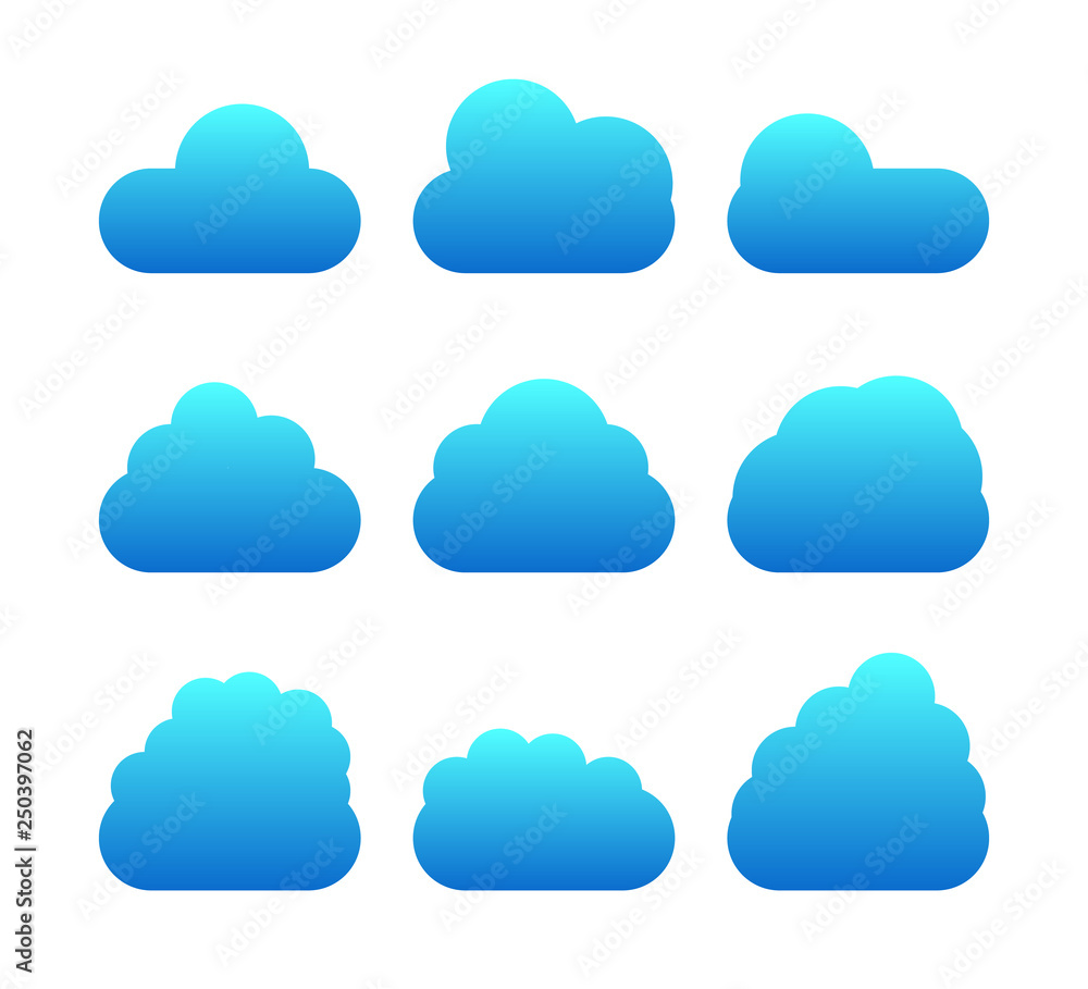 Blue clouds set isolated on white background. Collection of clouds for web site, poster, app and wallpaper. Creative modern minimal concept. Vector illustration EPS 10. Blue clouds set isolated on white background. Collection of clouds for web site, poster, app and wallpaper. Creative modern minimal concept. Vector illustration EPS 10.