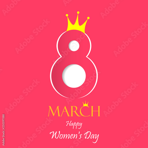 Women's day vector greeting card with decor of paper cut number. March 8 symbol with crown for queen's and princess. International Women's day with pink background. Vector EPS 10 illustration.