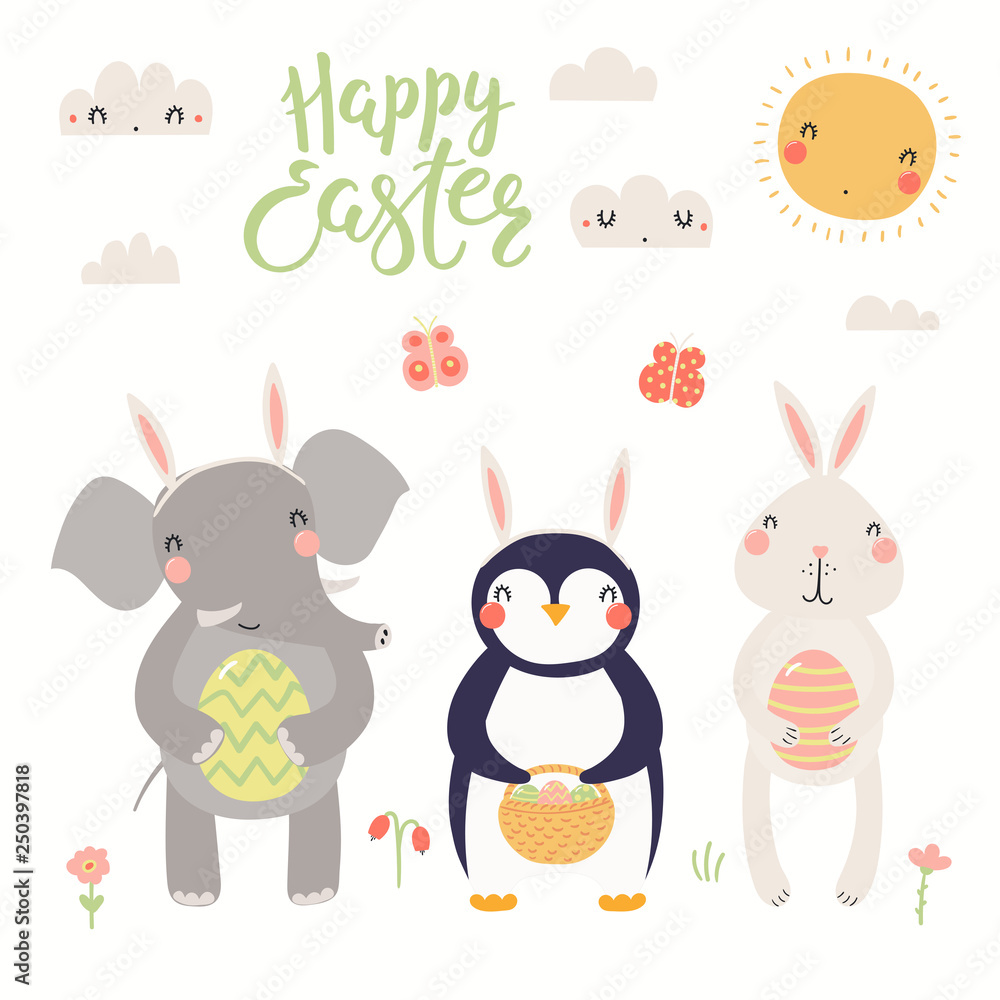 Naklejka premium Hand drawn vector illustration of a cute elephant, bunny, penguin, with eggs, text Happy Easter. Isolated objects on white background. Scandinavian style flat design. Concept for kids print, card.