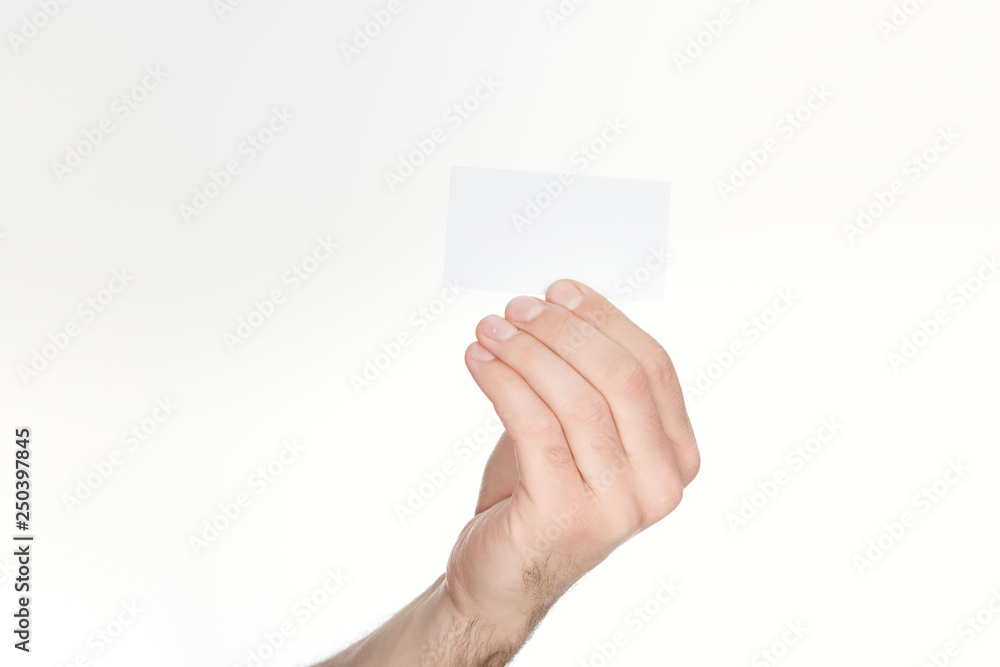 cropped view of man holding blank card isolated on white cropped view of man holding blank card isolated on white