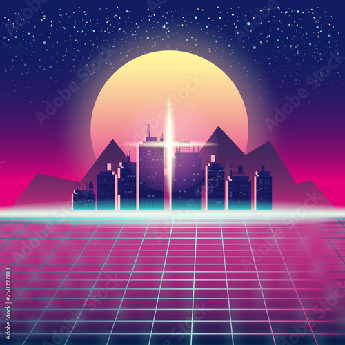 Принти на полотні Synthwave Retro Futuristic Landscape With City, Sun, Stars And Styled Laser Grid