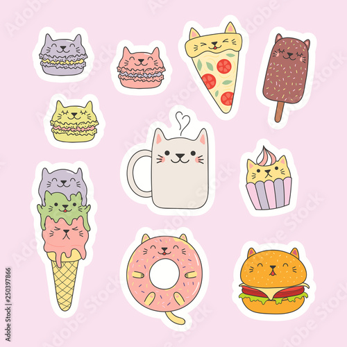 Set of kawaii stickers with foods with cat ears, macarons, pizza, burger, ice cream, cupcake, donut, coffee. Isolated objects. Hand drawn vector illustration. Line drawing. Design concept kids print.