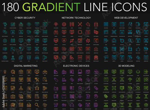 180 trendy gradient style thin line icons set of cyber security, network technology, web development, digital marketing, electronic devices, 3d modeling isolated on black background.