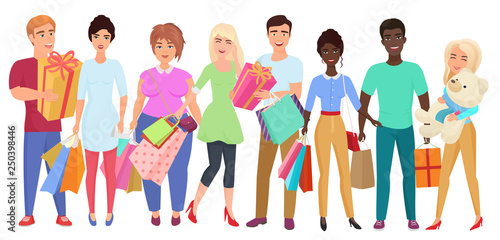 Happy Birthday. Sale in shopping mall. The group of young people friends with purchases and gifts. Congratulations to a friend vector illustration.
