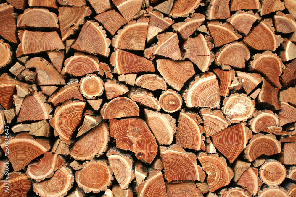 Background from sawn logs and firewood. A wall of wooded firewood Background from sawn logs and firewood. A wall of wooded firewood