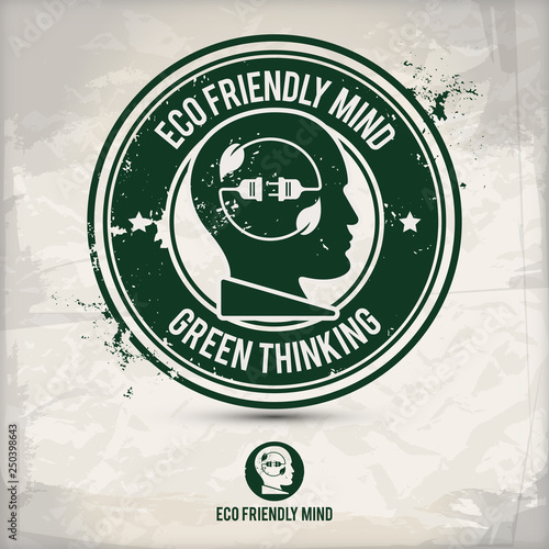 alternative eco friendly mind stamp containing: two environmentally sound eco motifs in circle frames, grunge ink rubber stamp effect, textured paper background, eps10 vector illustration
