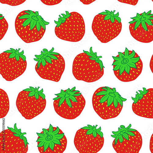 Red strawberry vector seamless pattern on white background. Bright colorful strawberries print is perfect for berries packaging, kitchen or garden decor, wrapping paper, cards backgrounds.