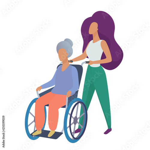 Young woman social worker volunteer caring old disabled woman in wheelchair vector illustration.
