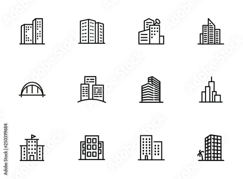 City buildings line icon set