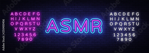 ASMR Neon Text Vector. Autonomous sensory meridian response neon sign, design template, modern trend design, night neon signboard, night bright advertising. Vector. Editing text neon sign