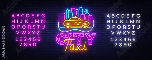 Taxi Service neon sign vector design template. City Taxi neon logo concept, light banner design element colorful modern design trend, night bright advertising. Vector. Editing text neon sign