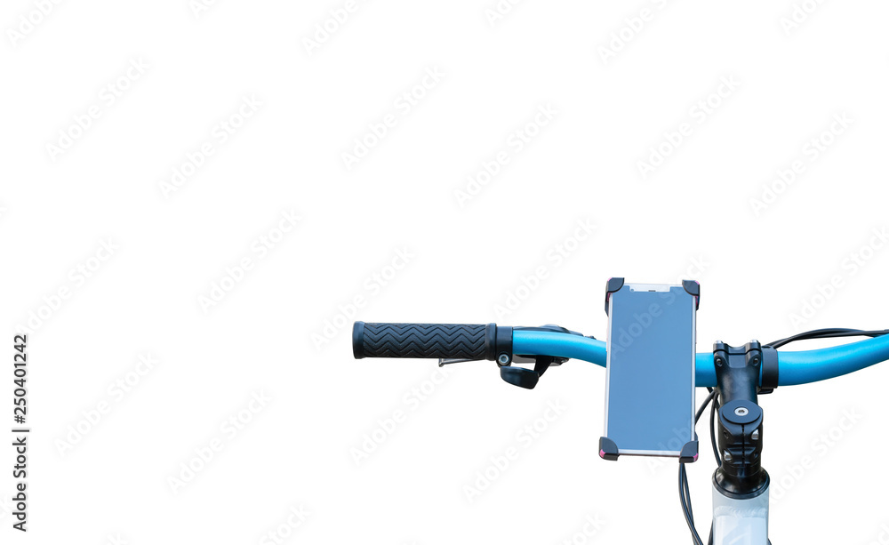 Smartphone mount on handlebar of mountain bike isolated on white background. Smartphone mount on handlebar of mountain bike isolated on white background.