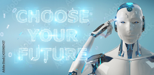 White cyborg using future decision text interface 3D rendering