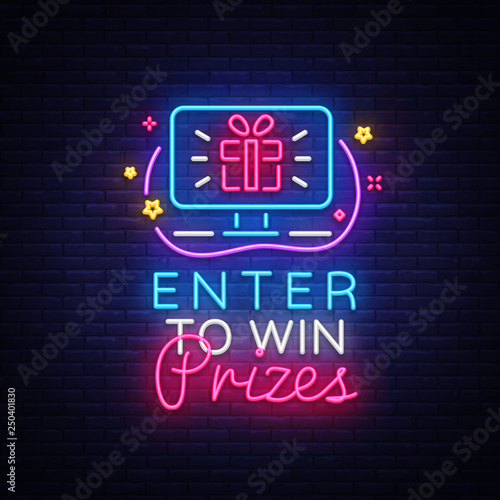 Enter to win Prizes neon sign vector design template. Gift neon design, light banner design element colorful modern design trend, night bright advertising, bright sign. Vector illustration