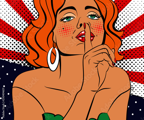 Sexy pop art woman with beautiful eyes and mouth. Vector background in comic style retro pop art. Face close-up.