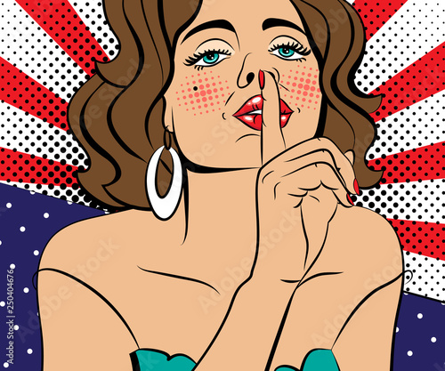 Sexy brown-haired pop art woman with beautiful eyes and mouth. Vector background in comic style retro pop art. Face close-up.