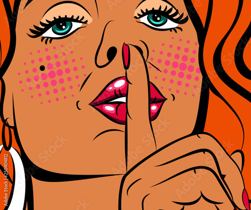 Sexy blond pop art woman with beautiful eyes and mouth. Vector background in comic style retro pop art. Face close-up.