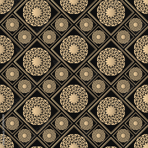 Seamless pattern oriental ornament. Black and golden textile print. Islamic vector design. Floral tiles.