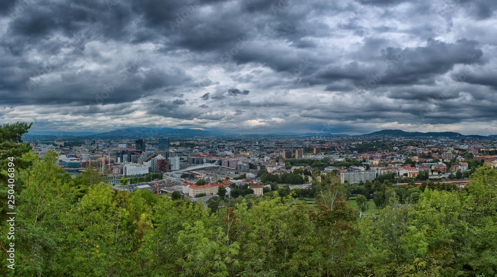 Panoramic view of Oslo in cloudy summer day.