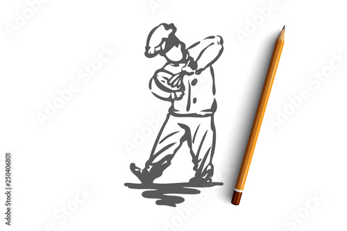 Boy, cook, whips, dough, baker concept. Hand drawn isolated vector.