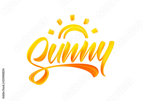 Handwritten brush stroke yellow acrylic paint lettering of Sunny with Sun. Summer modern calligraphy