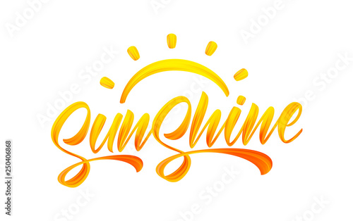 Handwritten brush stroke yellow acrylic paint lettering of Sunshine with Sun. Summer modern calligraphy