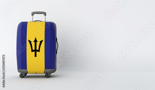 Travel suitcase with the flag of Barbados. Holiday destination. 3D Render
