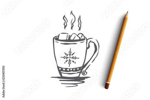 New year, cup, holiday, mug, drink concept. Hand drawn isolated vector.