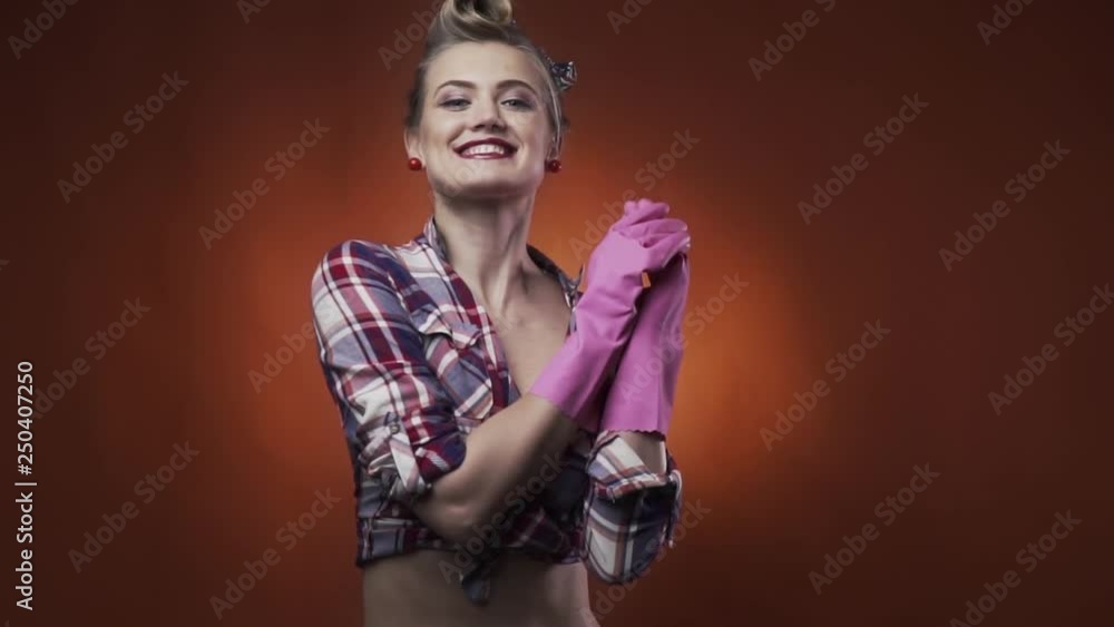 Happy pin up girl spinning and smiling with a joyful expression Happy pin up girl spinning and smiling with a joyful expression