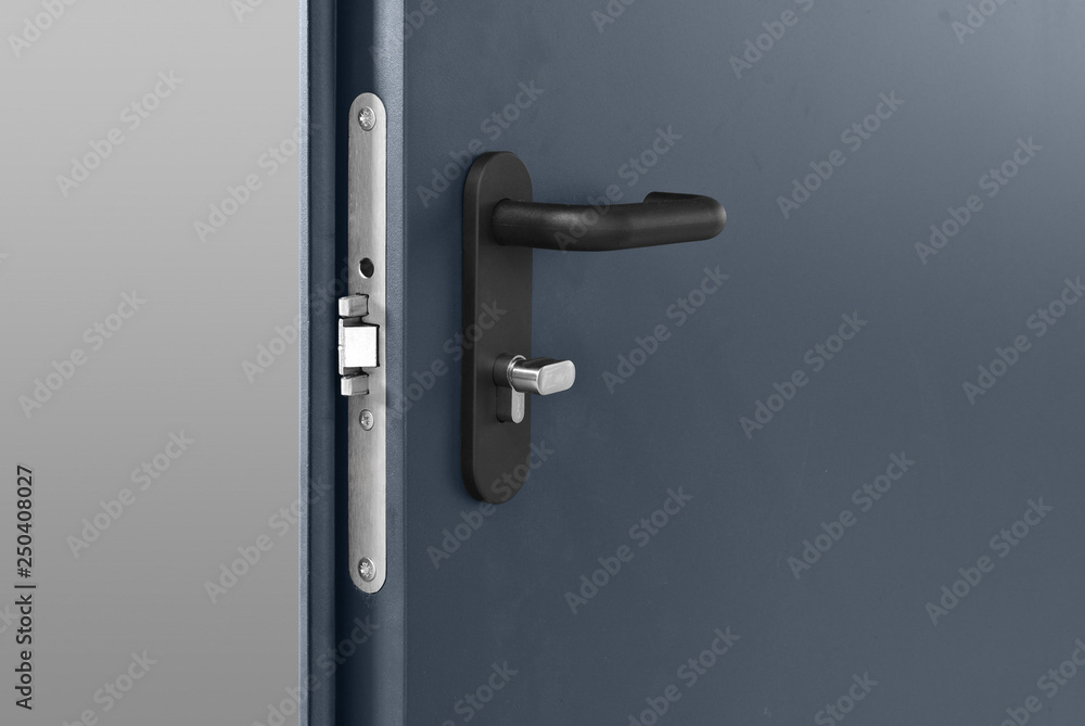 Steel Dark Blue Metallic Door With Lock And Black Plastic Handle Steel Dark Blue Metallic Door With Lock And Black Plastic Handle