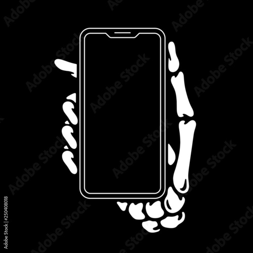 SKELETON HAND WITH PHONE BLACK BACKGROUND