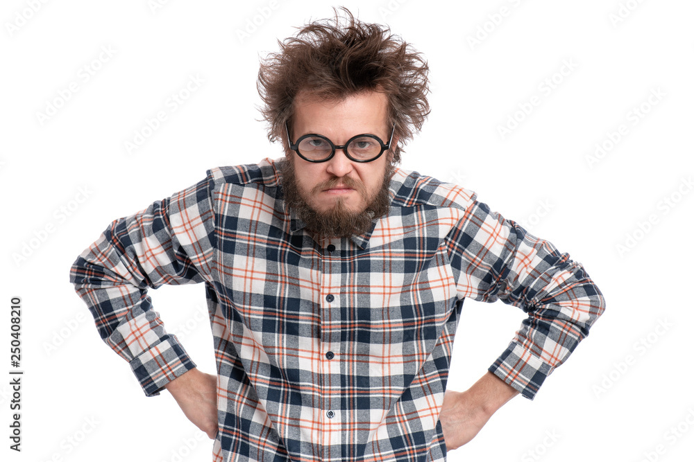 Crazy serious bearded man in eye Glasses with displeased expression, with both hands on hips, isolated on white. Guy in plaid shirt with funny Haircut looking with anger. Emotions and signs concept Crazy serious bearded man in eye Glasses with displeased expression, with both hands on hips, isolated on white. Guy in plaid shirt with funny Haircut looking with anger. Emotions and signs concept