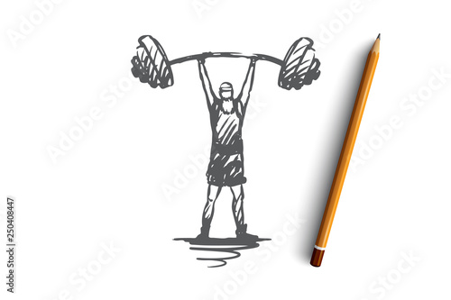 Old, man, barbell, weight, strong concept. Hand drawn isolated vector.