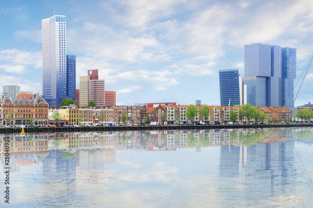 Obraz premium Nadbrzeżna panorama mostu Erazma przez New Meuse, teatr, siedzibę główną, centrum portowe Rotterdamu