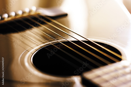 The details of the guitar: strings, sound hole, saddle in the toning Sepia