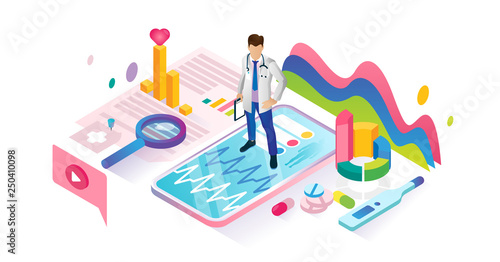 Healthcare app isometric cyberspace and tiny persons concept illustration.
