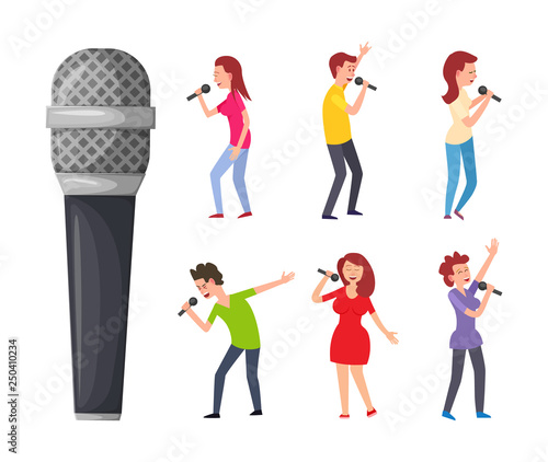 Pop artists or performers, celebrities sing songs and musical electric device. Men and women singing, microphone and singers isolated vector characters