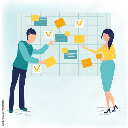 Task performance, task pool online management. People characters make an online schedule in the tablet. Managers discussing tasks and issues, process flow, moving cards on kanban board. Flat style.