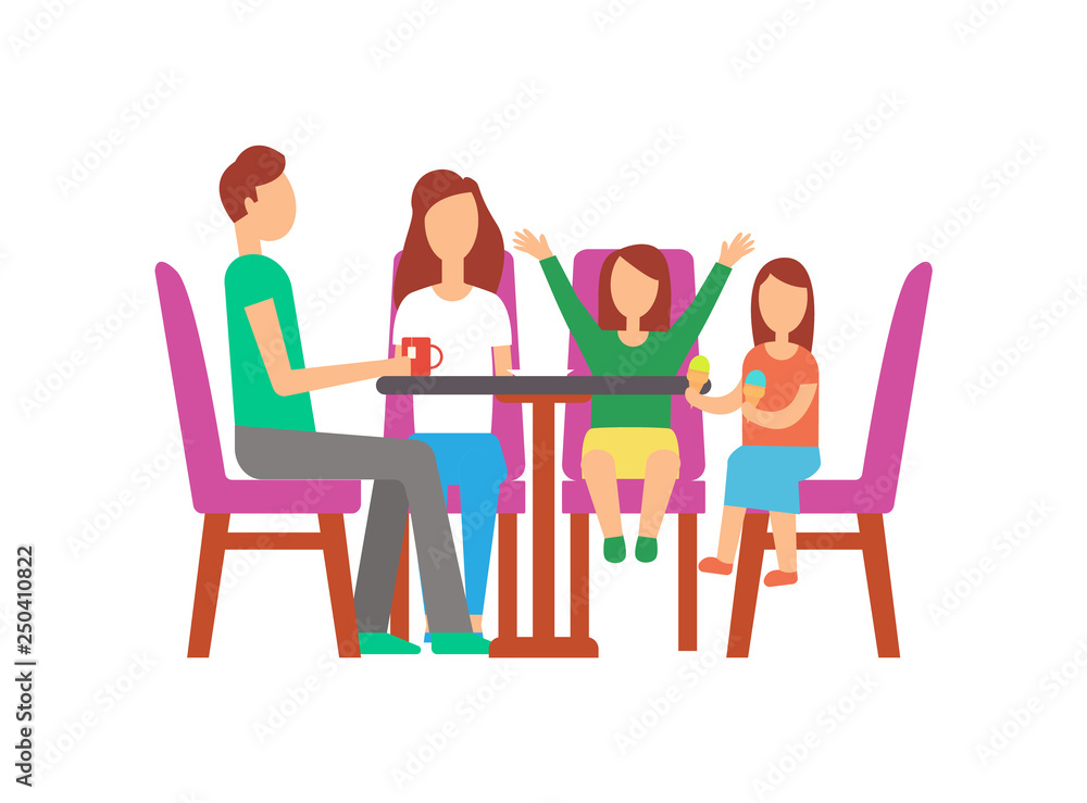 Father and mother with kids eating in cafe vector. Father with cup of tea, daughter holding ice cream. Mother and kid waiting for order, people on weekend Father and mother with kids eating in cafe vector. Father with cup of tea, daughter holding ice cream. Mother and kid waiting for order, people on weekend