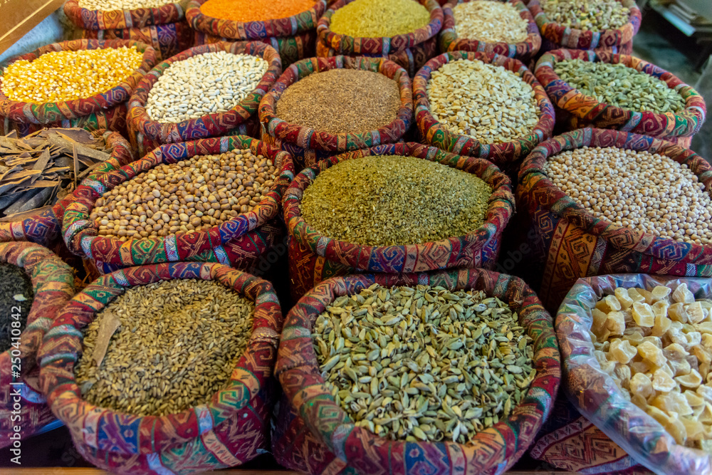 Fototapeta premium Assorted legumes in color sacks