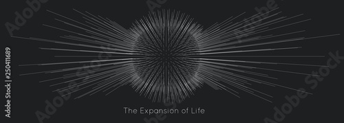 Expansion of life. Vector sphere explosion background. Small particles strive out of center. Blurred debrises into rays or lines under high speed of motion. Burst, explosion backdrop.