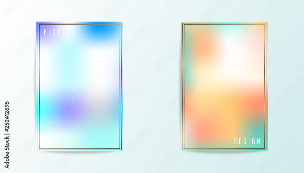 Modern covers vector design. Fluid gradient pattern with outline golden frames. Flyer, poster, menu, book page, presentation concept. Set of fluid backgrounds. Multicolored covers.