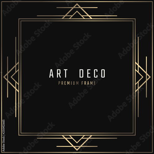 Vector card. Art Deco style. Dark golden geometric frame on black background.
