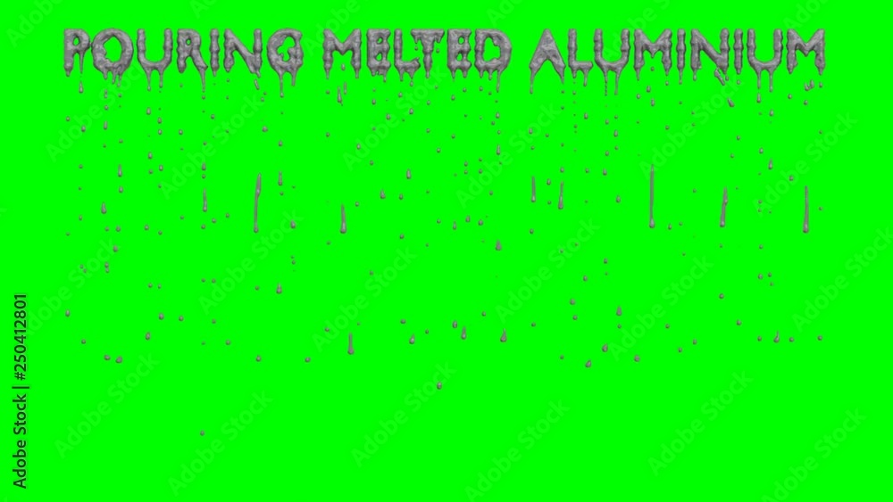 Animated dripping a lot of melted Aluminium or liquid solder from all caps text Pouring Melted Aluminium. Liquid is dripping from three dimensional letters against green background. Animated dripping a lot of melted Aluminium or liquid solder from all caps text Pouring Melted Aluminium. Liquid is dripping from three dimensional letters against green background.