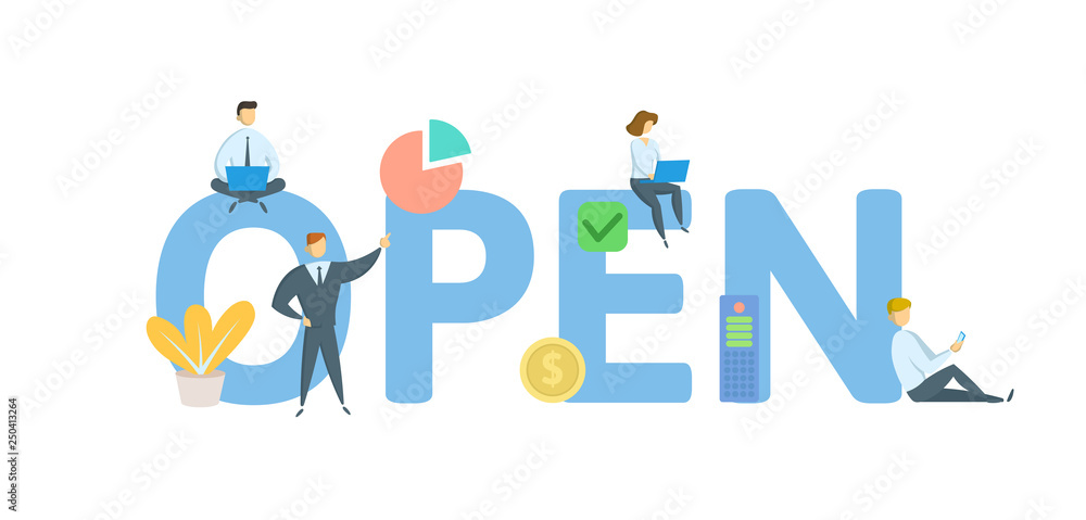 OPEN. Concept with people, letters and icons. Colored flat vector illustration. Isolated on white background. OPEN. Concept with people, letters and icons. Colored flat vector illustration. Isolated on white background.