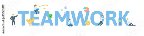 TEAMWORK. Concept with people, letters and icons. Colored flat vector illustration. Isolated on white background.