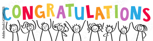 CONGRATULATIONS, stick figures cheering with colorful letters